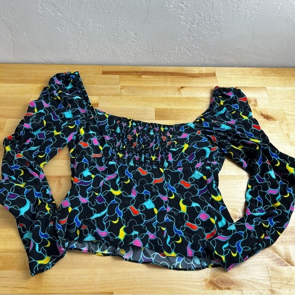 Staud Josephine Black Printed Multicolor Crepe Long Sleeve Sweetheart Top Size 6 - Picture 9 of 13